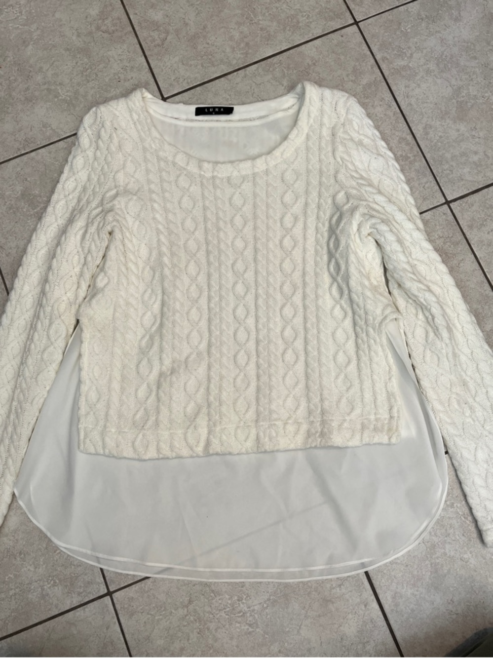 Luna Cream Cable Knit Layered Sweater with Chiffon Hem